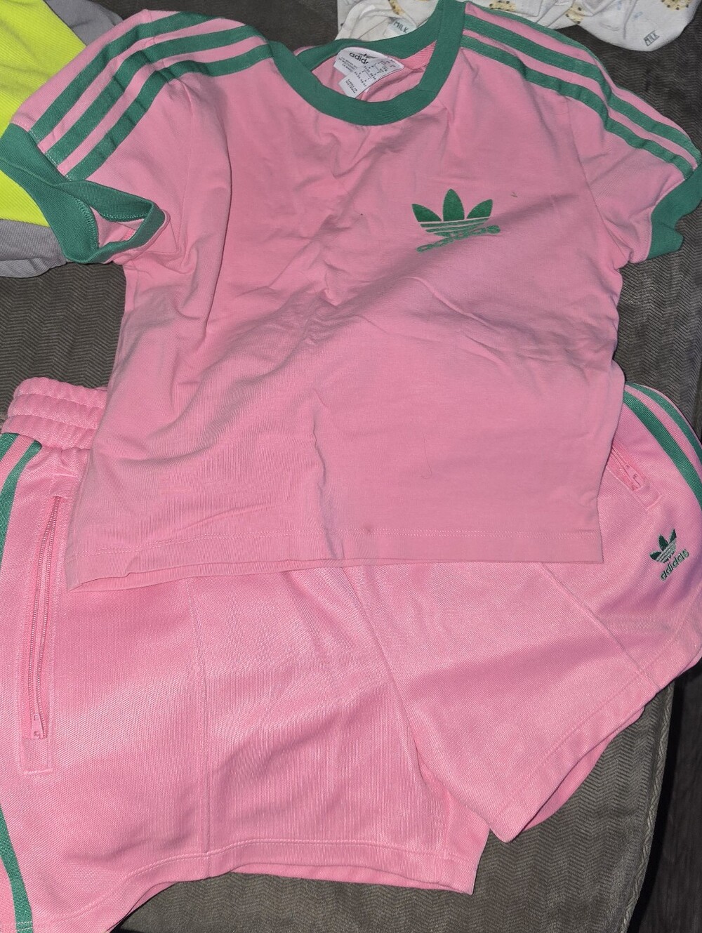 adidas Womens Pink and Green Short Set - Logo Tee & Shorts